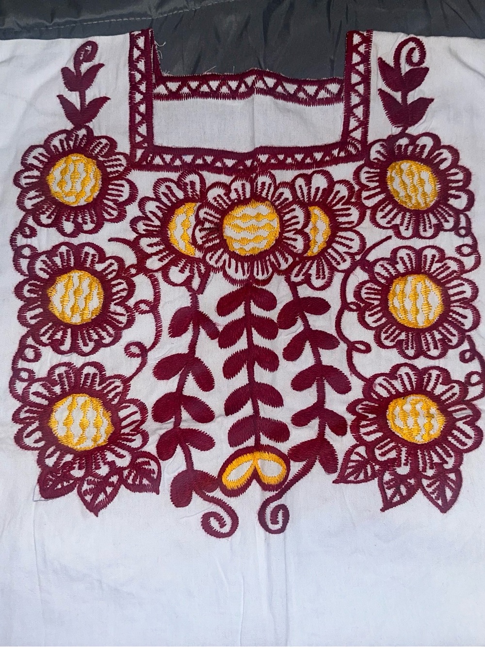 Embroidered Mexican Floral Top in White with Burgundy & Yellow